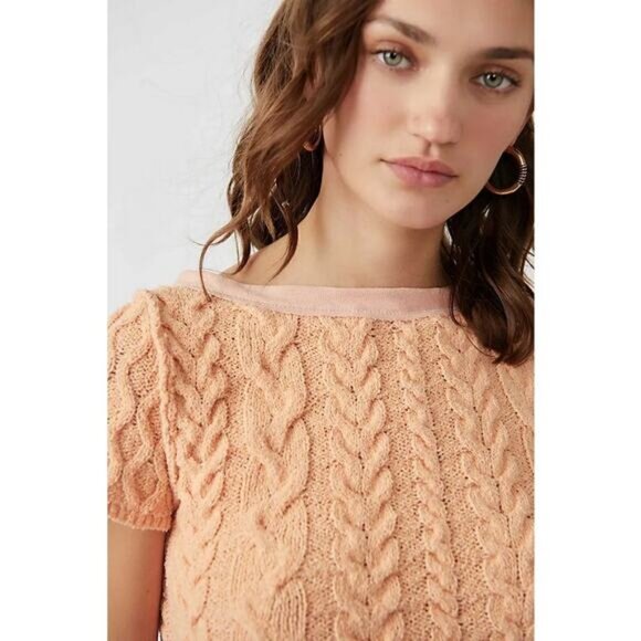 NWT FREE PEOPLE Baby Cable Tee In Peach Size Medium - Picture 2 of 7